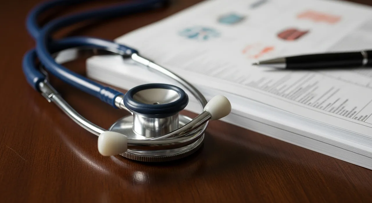 Close-up of a stethoscope on a wooden table with medical charts