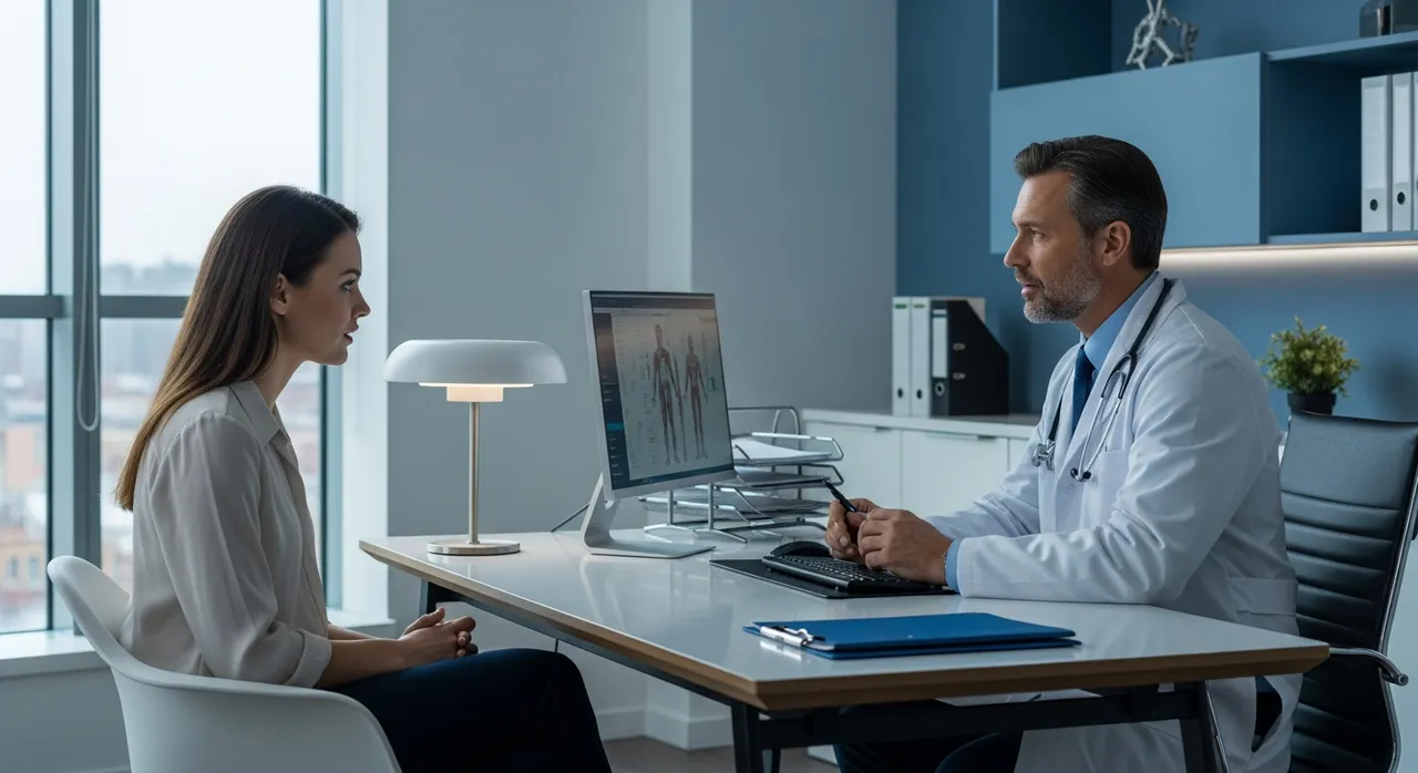 Professional doctor consulting a patient in a modern bright medical office